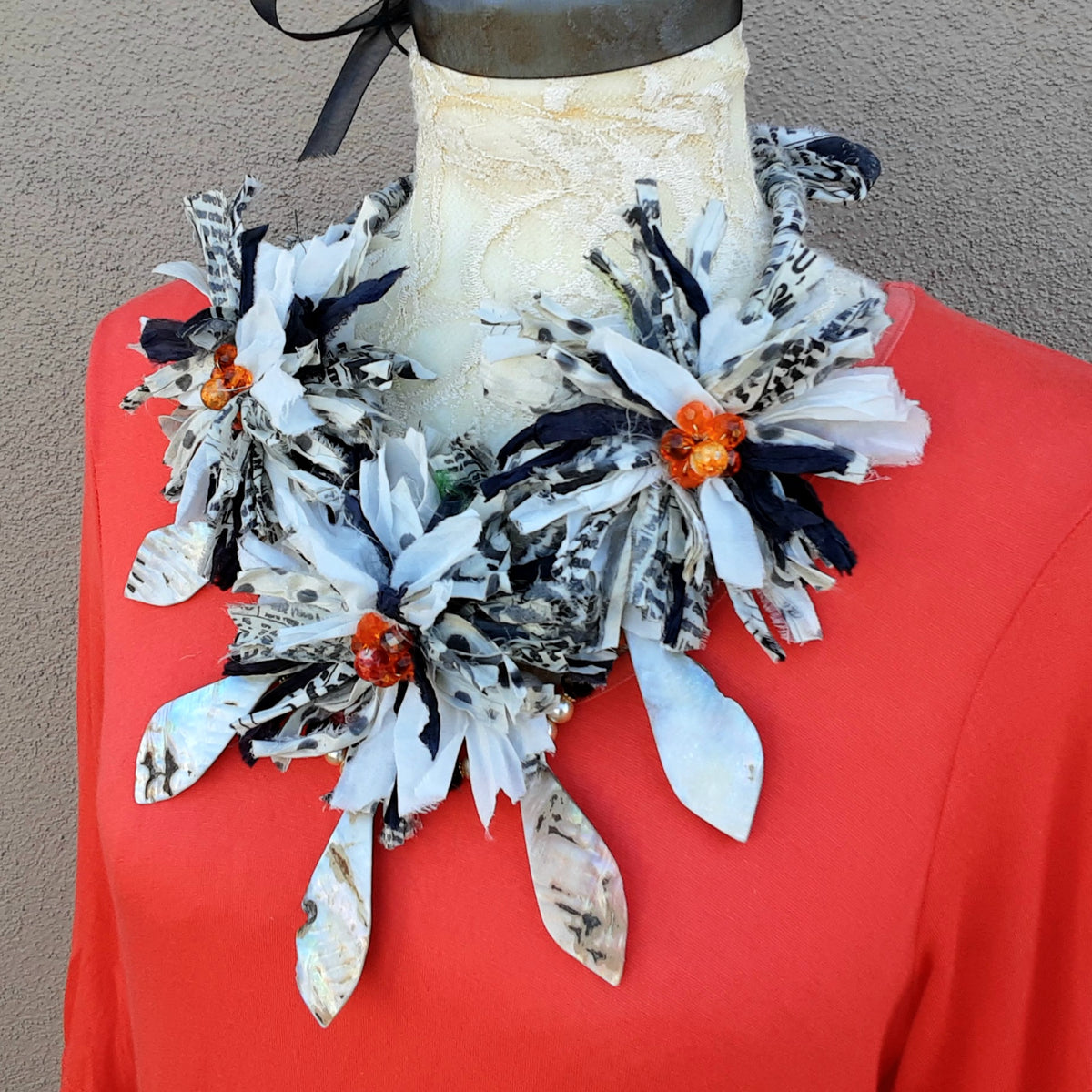 Boho Shell Black & White Sari Silk Flower Statement Necklace - Unique Gypsy Style Gift for Her