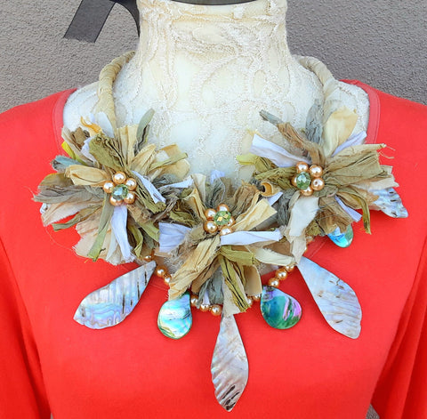 Sari Silk and Shell Flower Statement Necklace - Unique Boho Chic Gift for Her