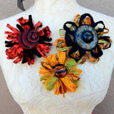 Fuzzy Flower Brooch With Vintage Button - Large Antique Floral Pin - Sari Silk Ribbon Art Corsage