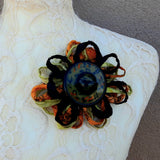 Fuzzy Flower Brooch With Vintage Button - Large Antique Floral Pin - Sari Silk Ribbon Art Corsage