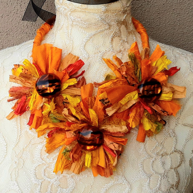 Colorful Silk Flower Statement Necklace - Unique Vintage Button Collar - Fabric Floral Gift for Her
