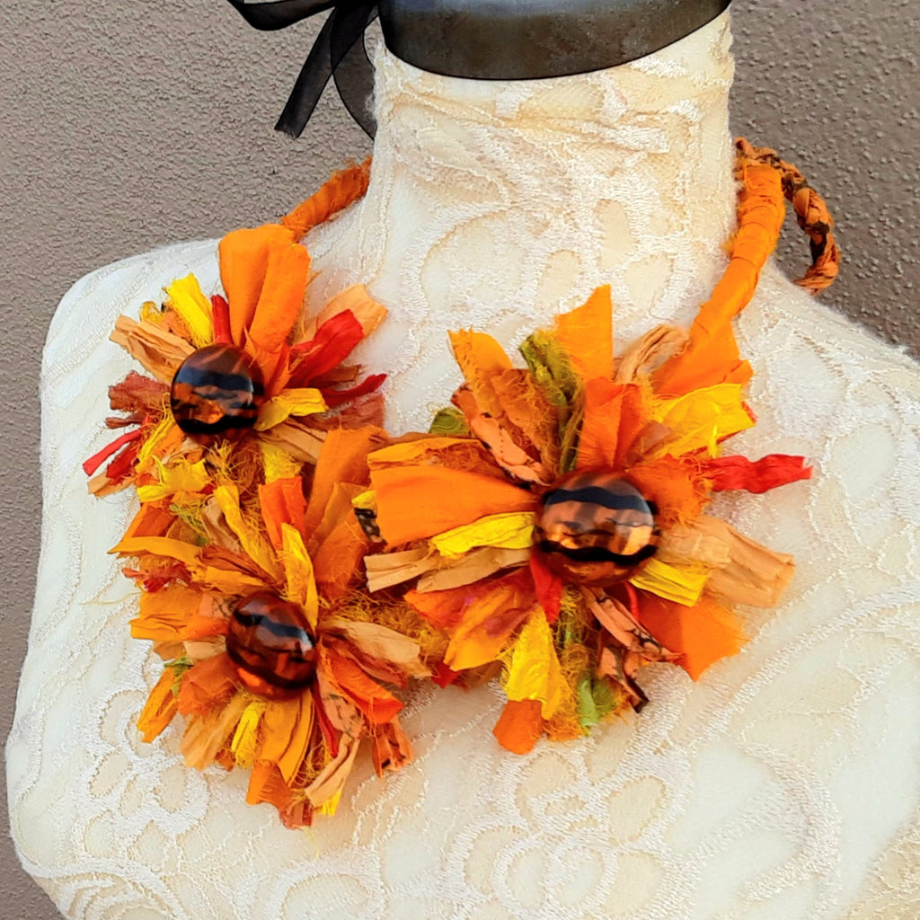 Colorful Silk Flower Statement Necklace - Unique Vintage Button Collar - Fabric Floral Gift for Her