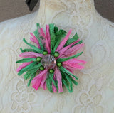 Sari Silk Ribbon Flower Brooch in Pink & Green - Large Star Burst Fabric Pin - Fiber Art Corsage