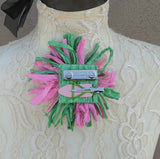 Sari Silk Ribbon Flower Brooch in Pink & Green - Large Star Burst Fabric Pin - Fiber Art Corsage