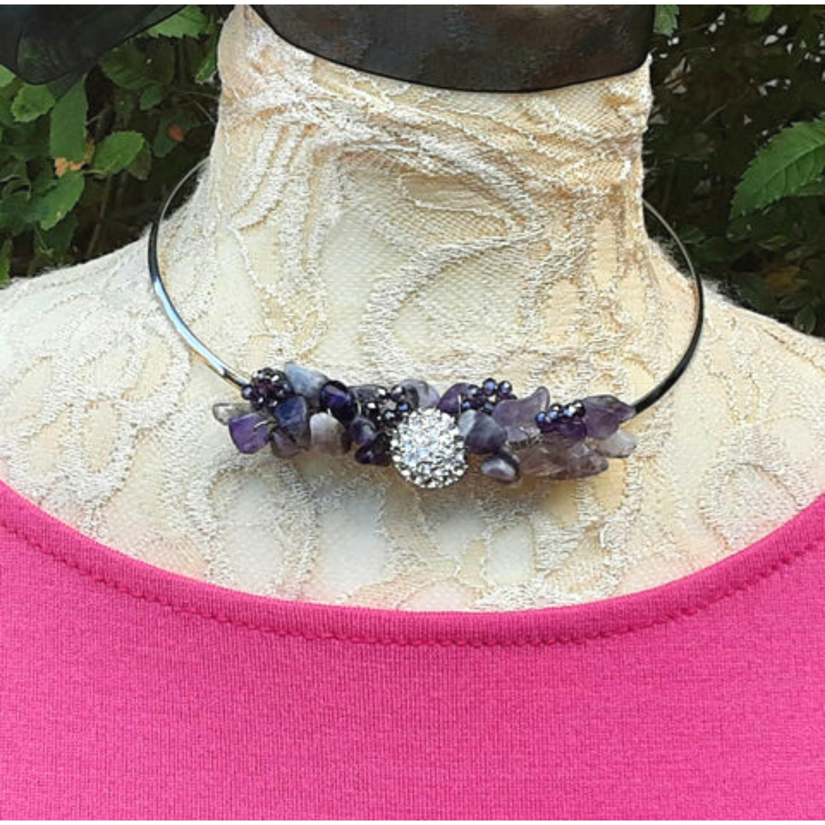 Vintage Rhinestone Button Statement Wire Choker in 4 Colors - Unique Crystal Bridal Necklace - Beaded Gift for Her