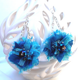 Turquoise Sari Silk Ribbon Dangle Flower Statement Earrings - Boho Fabric Earrings