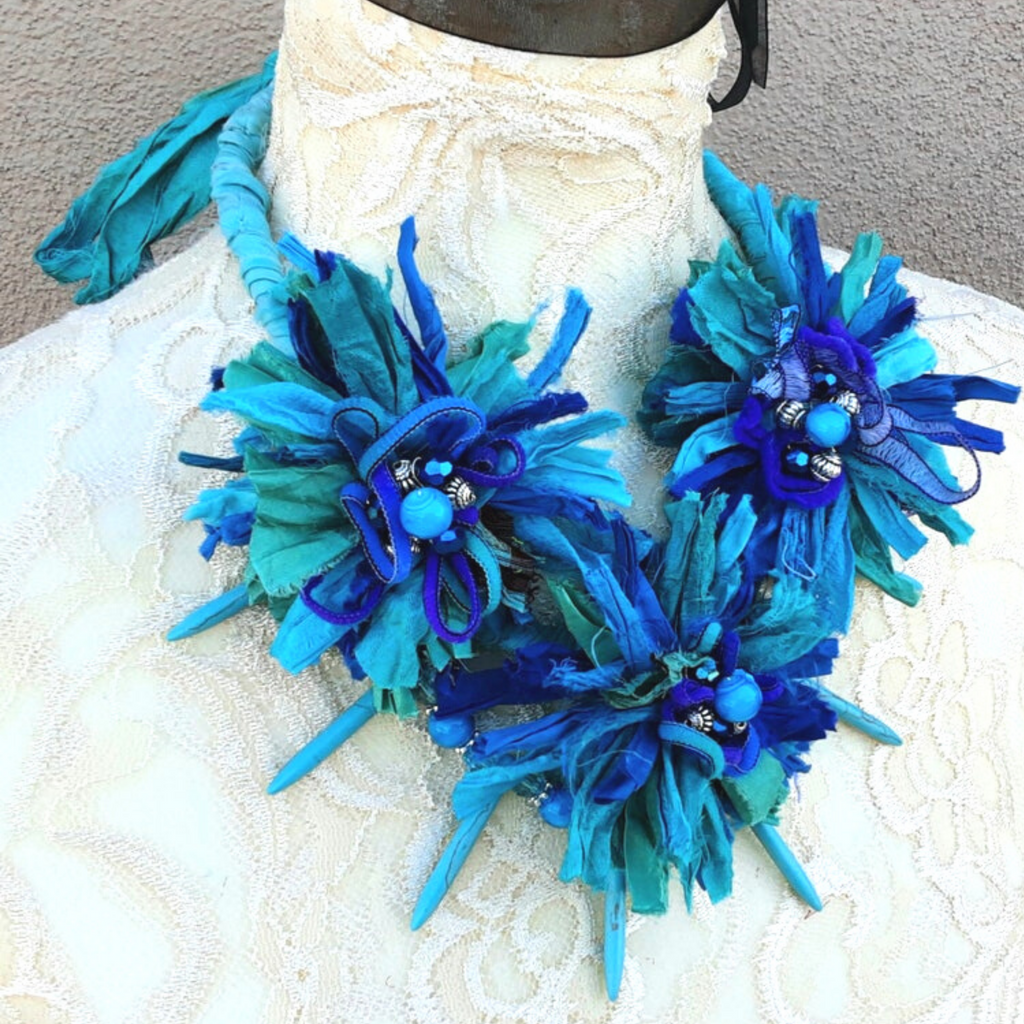 Boho Turquoise Flower Statement Necklace - Colorful Gypsy Style Gift for Her - Unique Sari Ribbon Collar