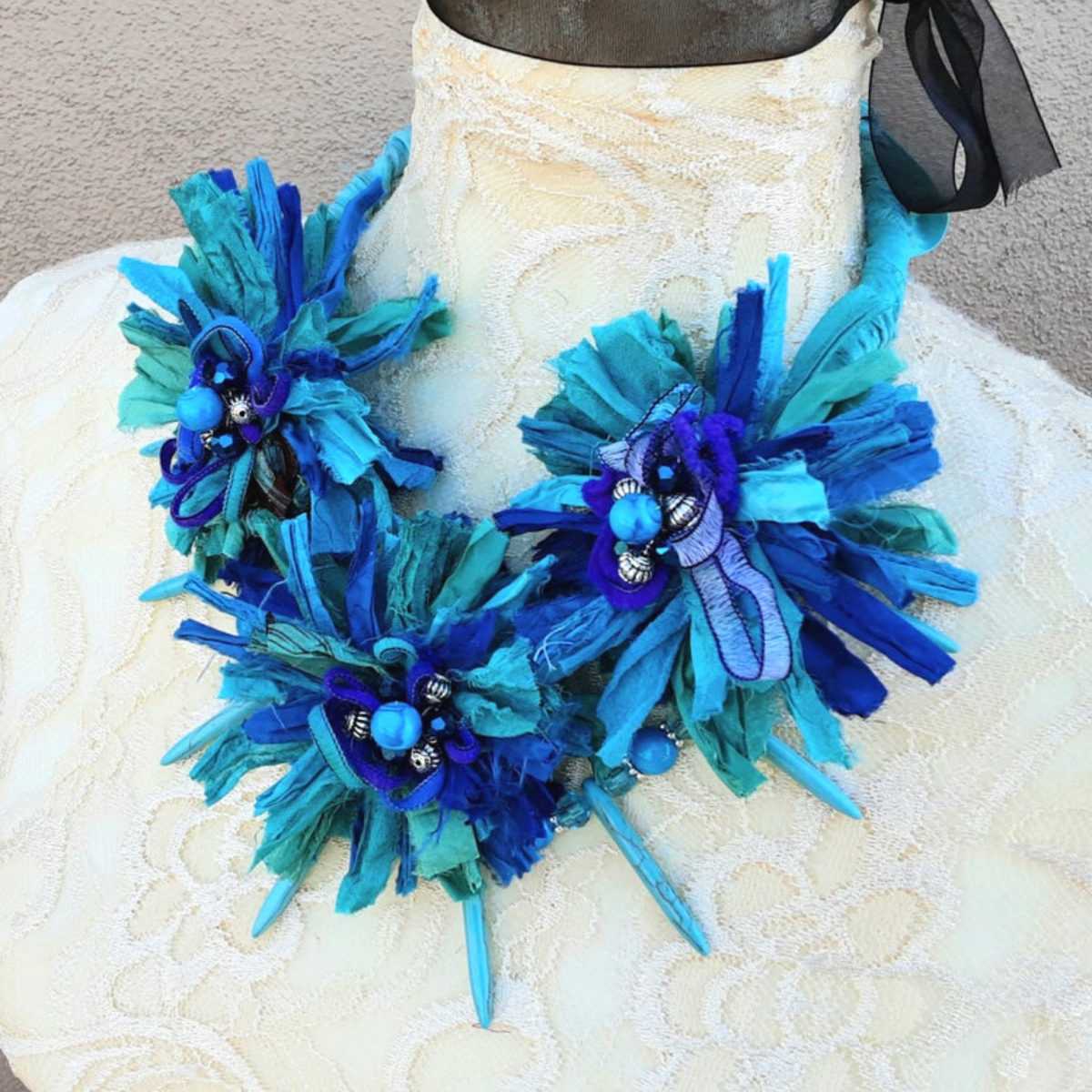Boho Turquoise Flower Statement Necklace - Colorful Gypsy Style Gift for Her - Unique Sari Ribbon Collar