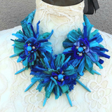 Boho Turquoise Flower Statement Necklace - Colorful Gypsy Style Gift for Her - Unique Sari Ribbon Collar