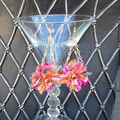 Sari Silk Ribbon Dangle Flower Statement Earrings - Boho Fabric Earrings