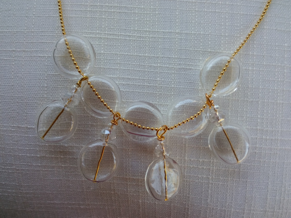 Hand Blown Clear Glass Bead Necklace, Modern Jewelry, 18K Gold Filled Necklace
