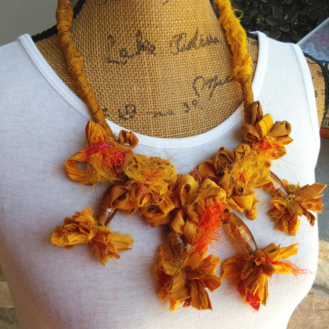 Boho, Gypsy Style, Recycled Sari Silk Ribbon, Bib, Collar, Statement Necklace