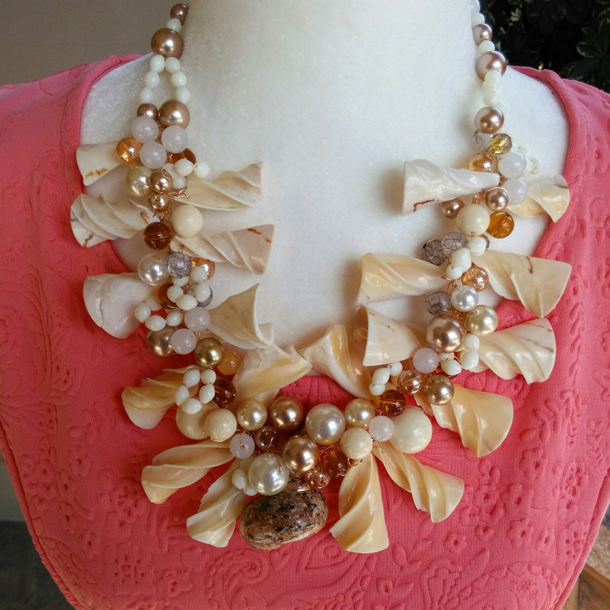Pearl & Shell Beach Statement Necklace, Summer Chunky Fun Bib, Resort Wedding Collar