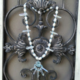 Long Freshwater Pearl and Quartz Bridal Statement Necklace,  Something Blue Necklace