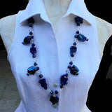 Blue Quartz Statement Necklace, Boho Recycled Sari Ribbon Collar, Gypsy Style Chunky Colorful Bib