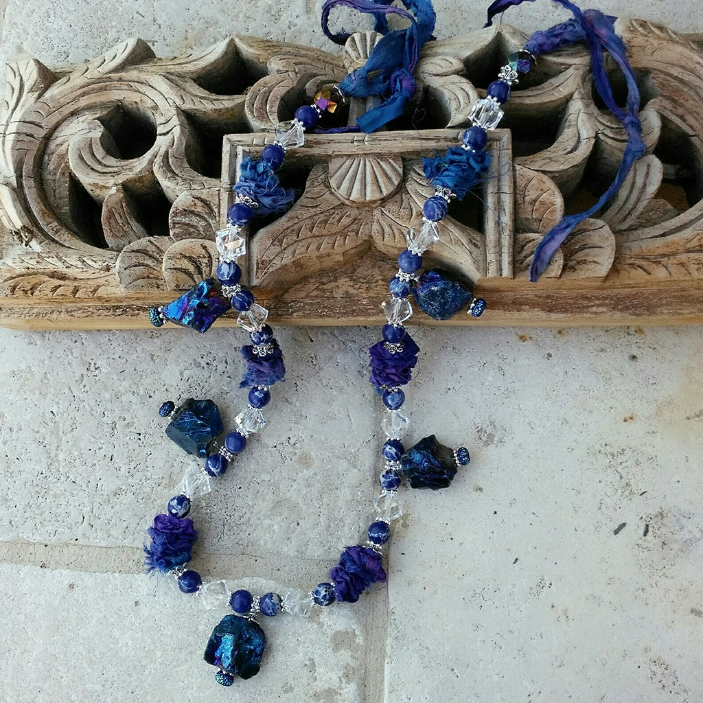 Quartz Statement Necklace, Boho Recycled Sari Ribbon Collar, Gypsy Style Chunky Colorful  Sautoir, Artisan Jewelry, Unique Gift for Her