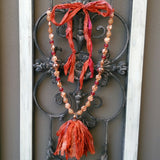 Burnt Orange Boho Tassel Statement Necklace, Healing Gem Sari Silk Tassel Necklace, Gift for Her