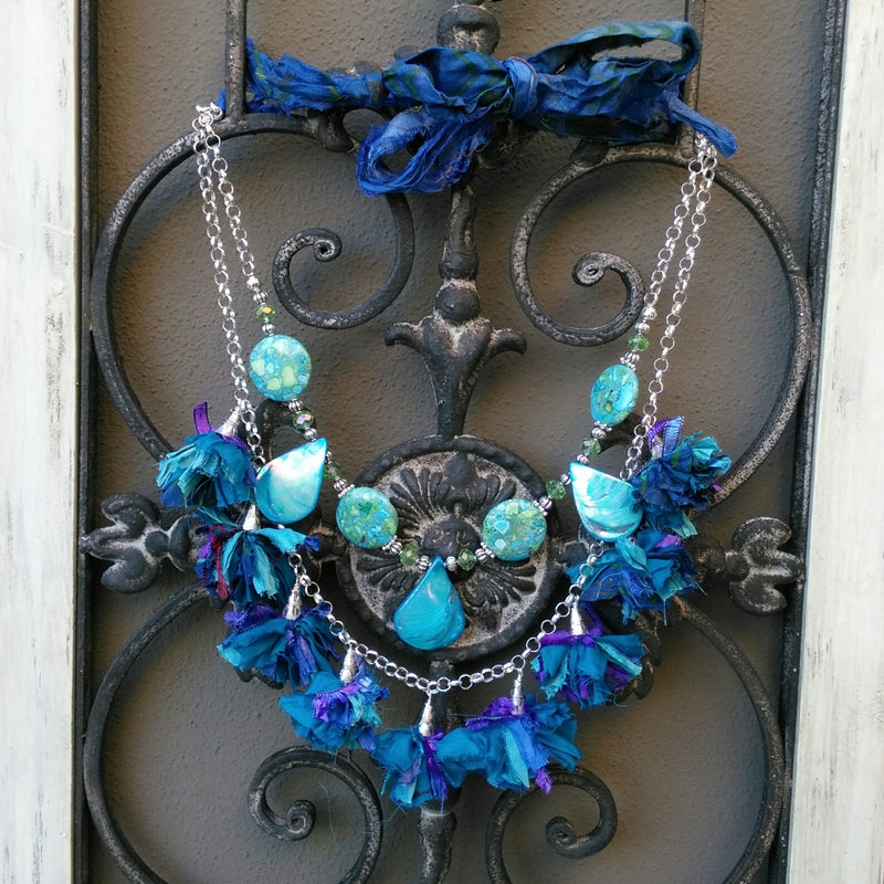 Unique Boho Tassel Multi-Strand Statement Necklace, Sari Silk Ribbon Collar, Gypsy Style Sautoir