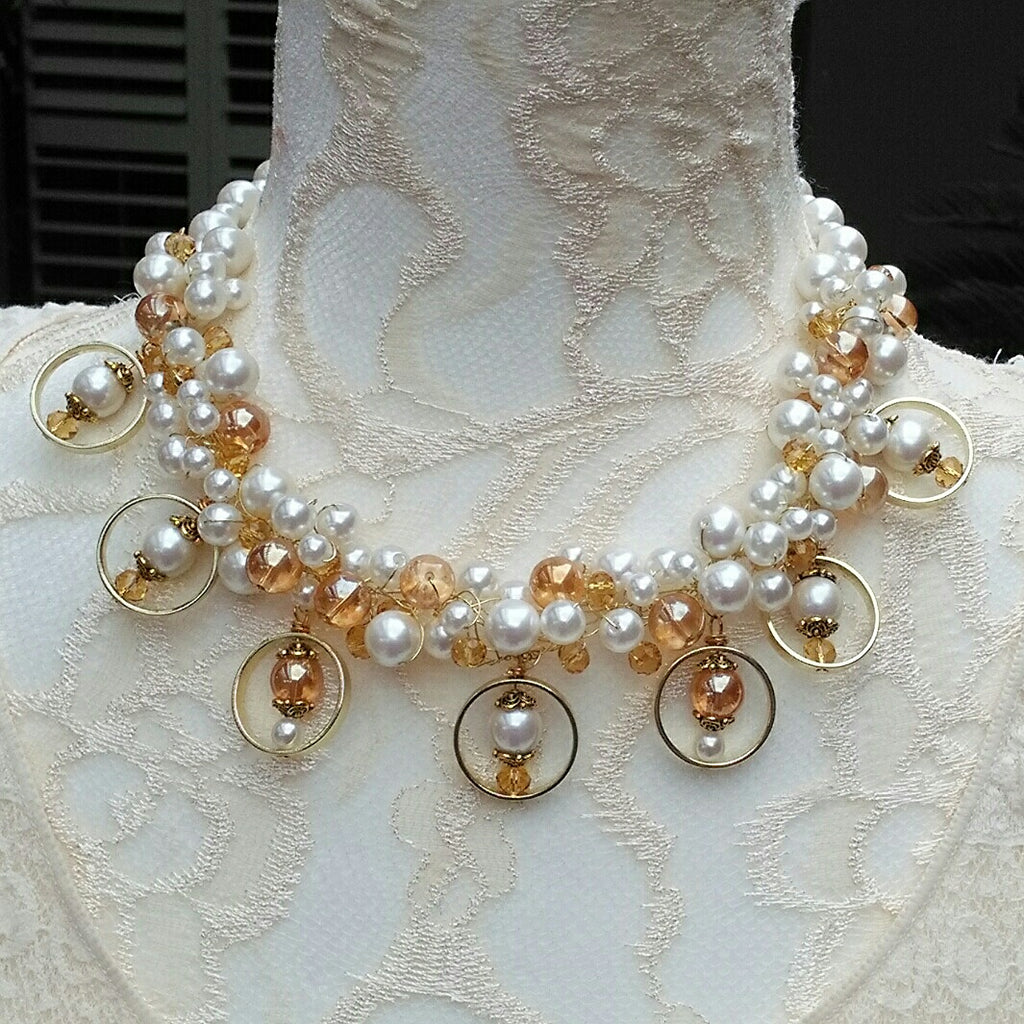 Unique Pearl Bridal Statement Necklace, Chunky Wedding Necklace, OOAK Fancy Gift for Her