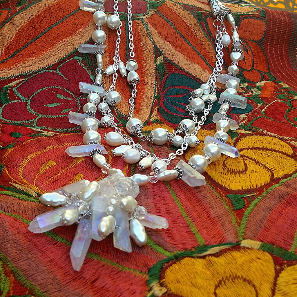 Unique Pearl & Quartz Multi-Strand Artisan Statement Necklace, Gift for Her