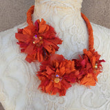 Burnt Orange Boho Flower Silk Ribbon Statement Necklace - Unique Gypsy Style Gift for Her