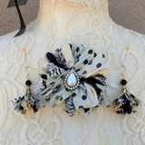 Black & White Fuzzy Sari Silk Ribbon Flower Brooch with Earrings - Large Fabric Floral Pin - Vintage Textile Art Corsage