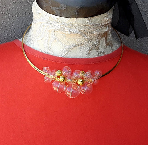 Clear Hand Blown Glass Wire Bridal Choker in Plated Gold with 14k Gold Plated accents - Unique Modern Bubble Gift for Her