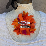 Orange Fuzzy Sari Silk Ribbon Flower Brooch Pin with Earrings - Large Fabric Floral Hair Clip - Fiber Art Corsage