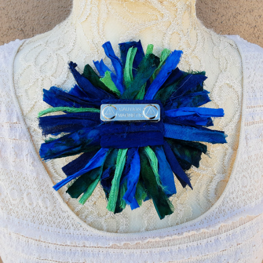 Sari Silk Ribbon Flower Brooch in Blue & Green - Large Star Burst Fabric Pin - Fiber Art Corsage