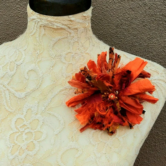 Fuzzy Sari Silk Ribbon Flower Brooch - Large Fabric Floral Pin - Fiber Art Corsage