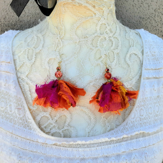 Bling Beaded Baubles Orange Fuzzy Sari Silk Ribbon Flower Brooch Pin with Earrings - Large Fabric Floral Hair Clip - Fiber Art Corsage Earrings Only