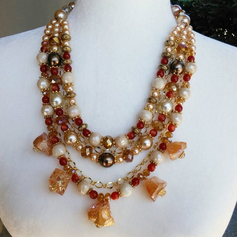 Bronze Quartz and Pearl Statement Necklace, Chunky Colorful Stone Collar, Gift for Her
