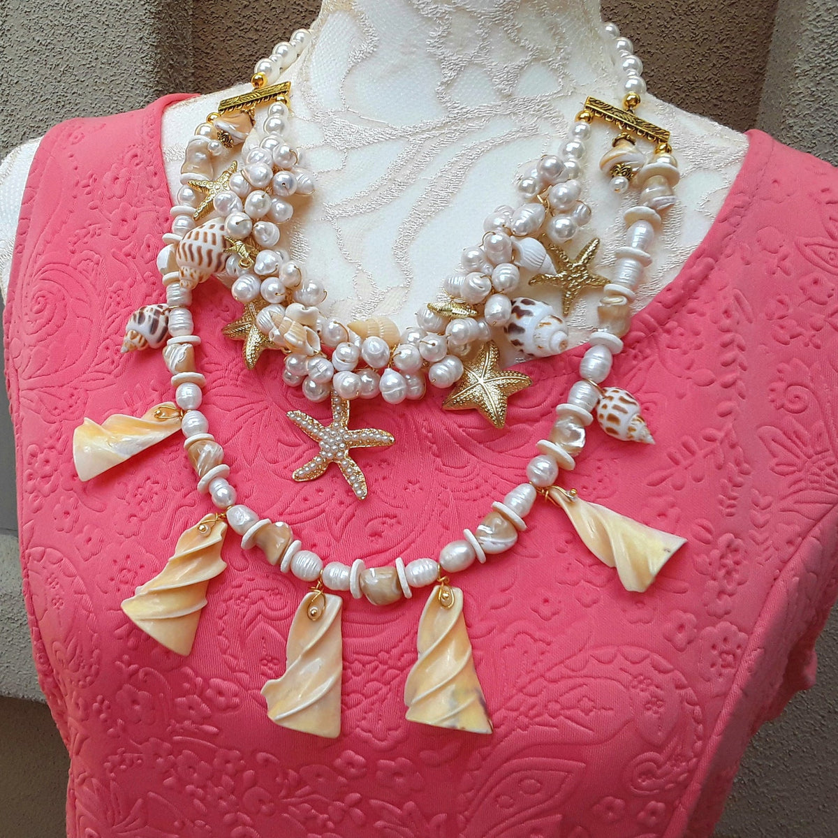 Chunky Pearl and Shell Multi-Strand Statement Necklace, Unique Summer Collar, Special Gift for Her